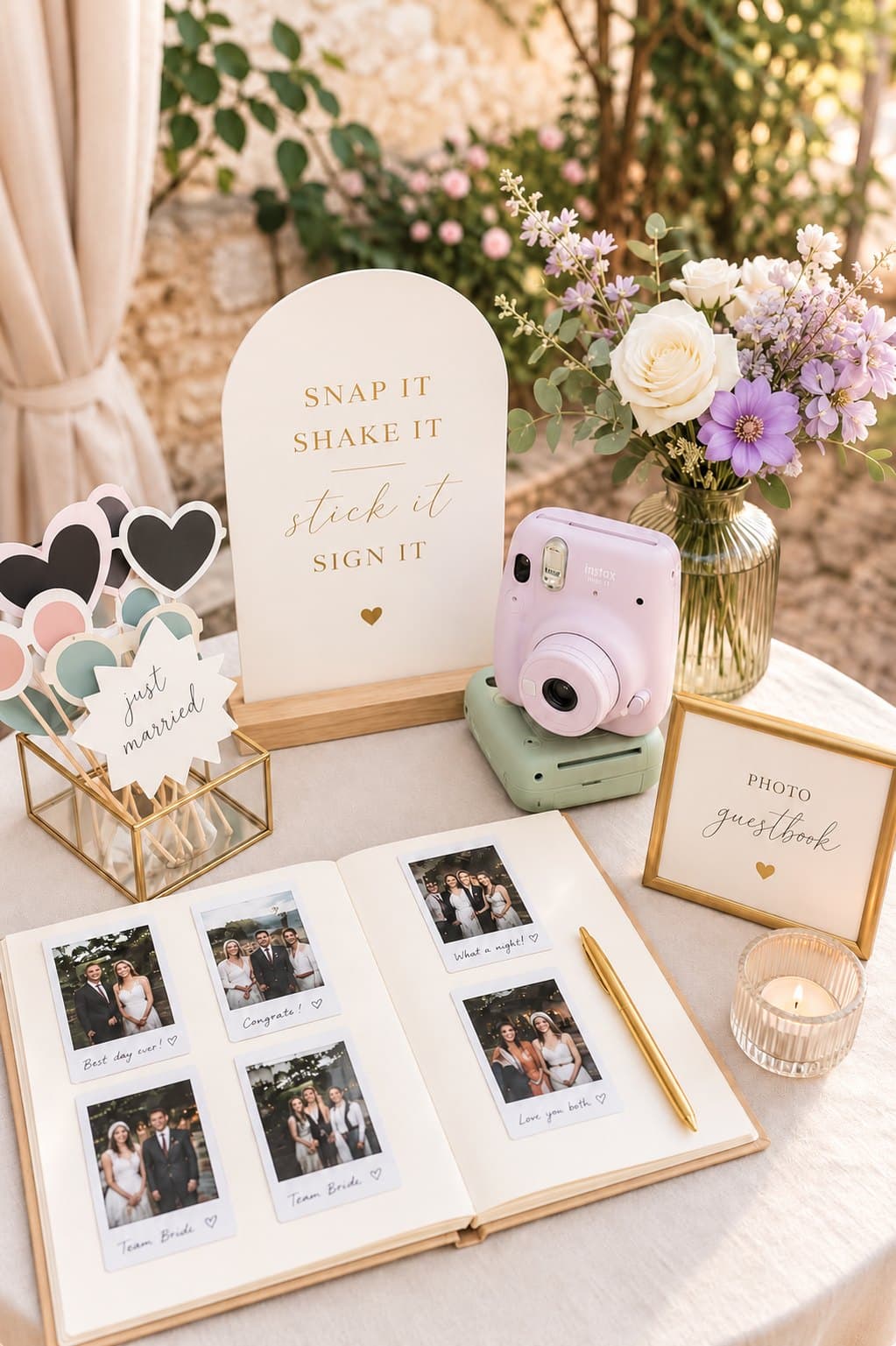 Photo guest book table with an instant camera, 'Snap it, shake it, stick it, sign it' sign, props, and an open album of signed instant photos